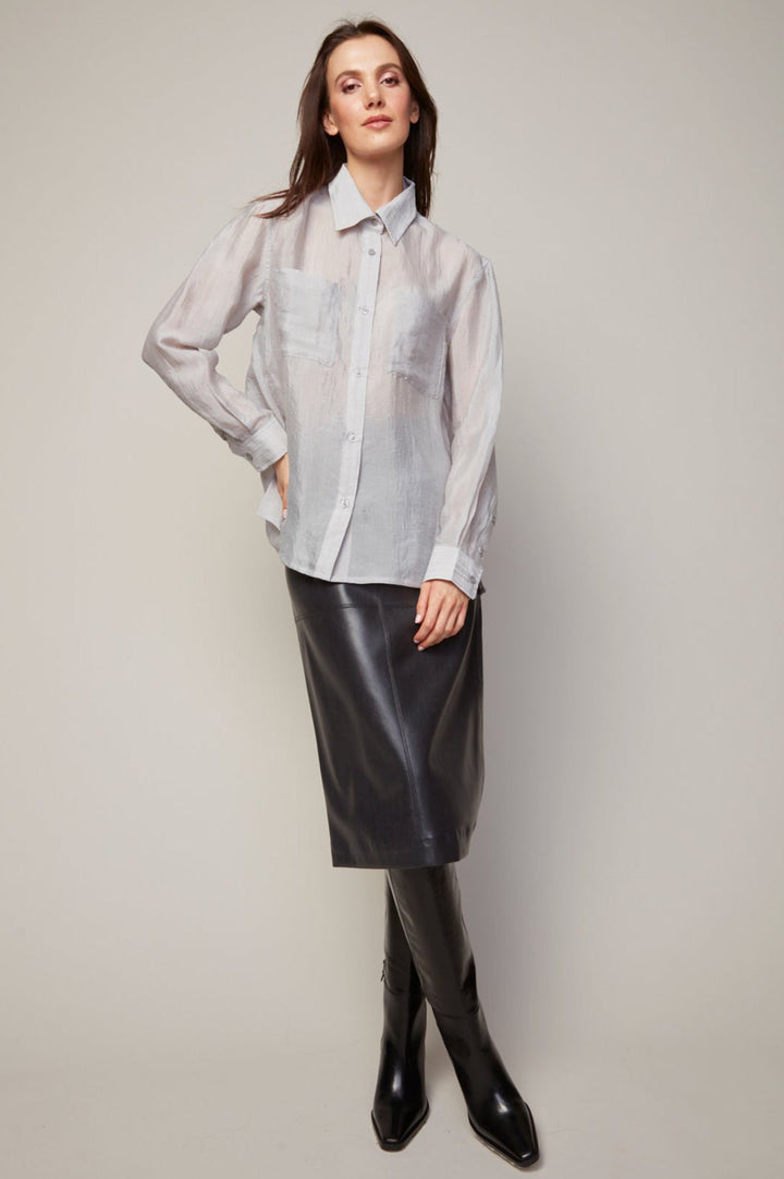 Adroit Atelier Bijou Semi-transparent Buttoned Blouse With Patch Pocket in Grey available at Barbara Katz