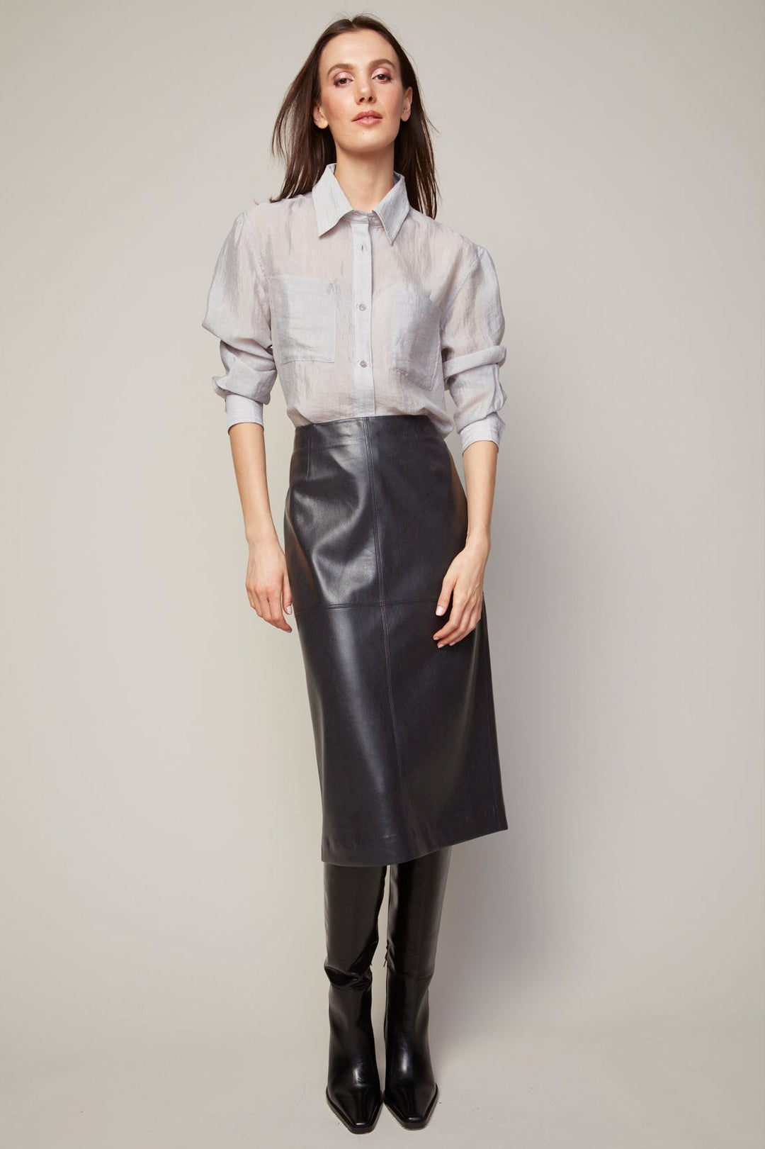 Adroit Atelier Bijou Semi-transparent Buttoned Blouse With Patch Pocket in Grey available at Barbara Katz