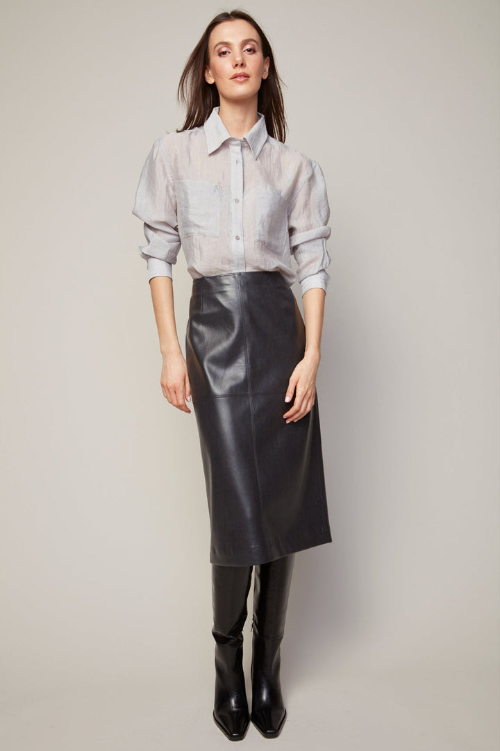 Adroit Atelier Bijou Semi-transparent Buttoned Blouse With Patch Pocket in Grey available at Barbara Katz