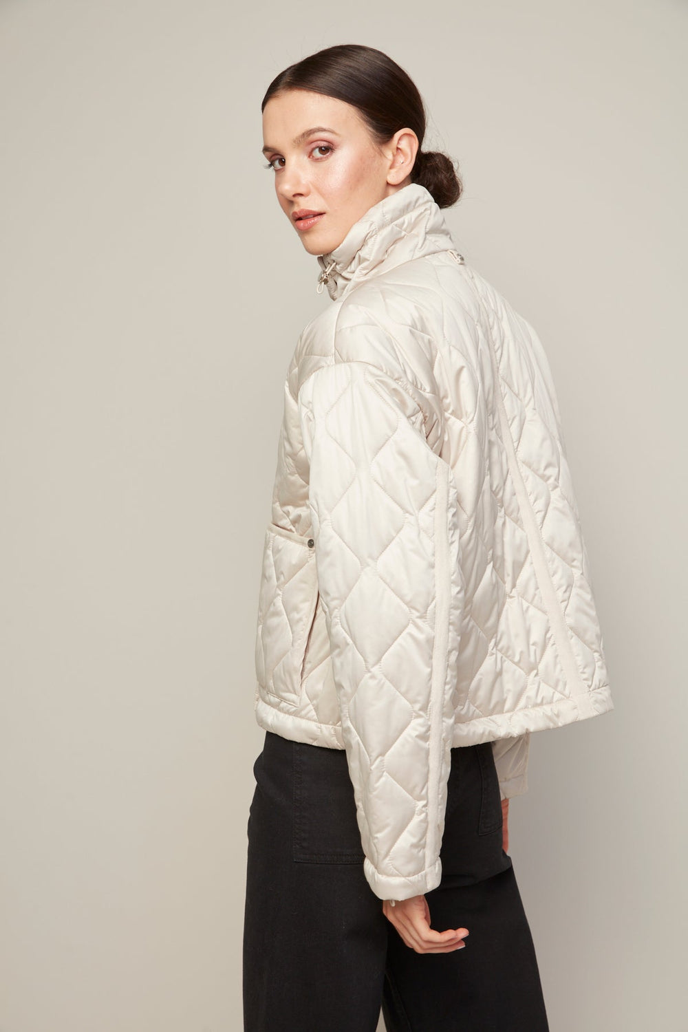 Adroit Atelier Billie Drop Shoulder Quilted Jacket With Twill Tape Detail in Birch available at Barbara Katz