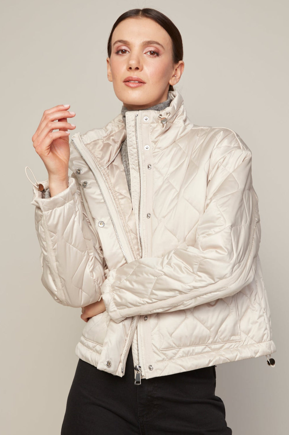 Adroit Atelier Billie Drop Shoulder Quilted Jacket With Twill Tape Detail in Birch available at Barbara Katz