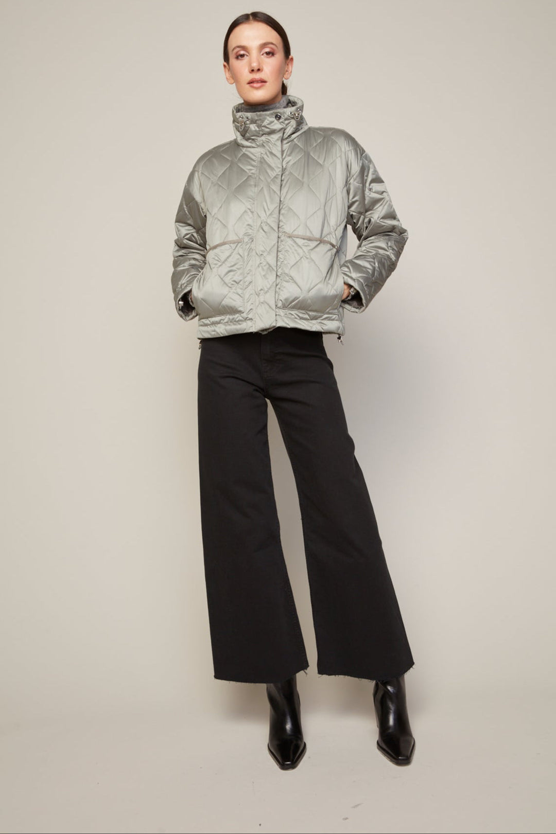 Adroit Atelier Billie Drop Shoulder Quilted Jacket With Twill Tape Detail in Agave Green available at Barbara Katz