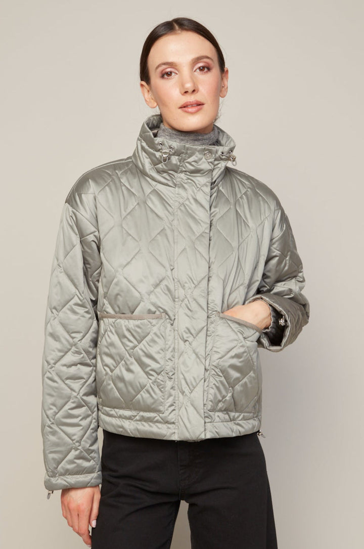 Adroit Atelier Billie Drop Shoulder Quilted Jacket With Twill Tape Detail in Agave Green available at Barbara Katz