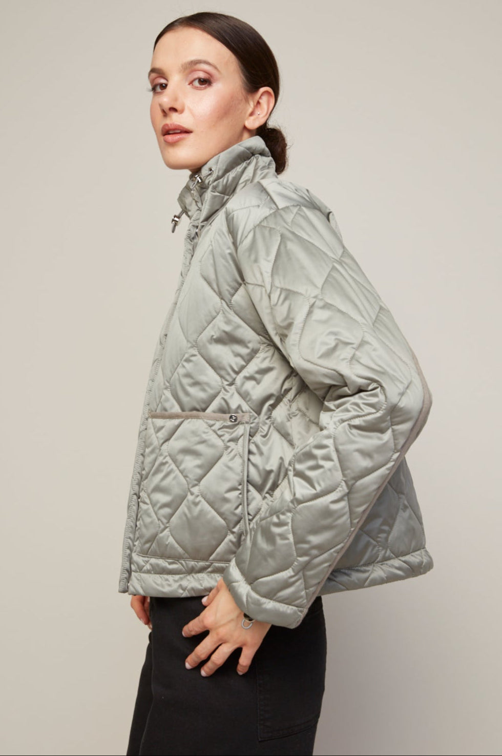 Adroit Atelier Billie Drop Shoulder Quilted Jacket With Twill Tape Detail in Agave Green available at Barbara Katz