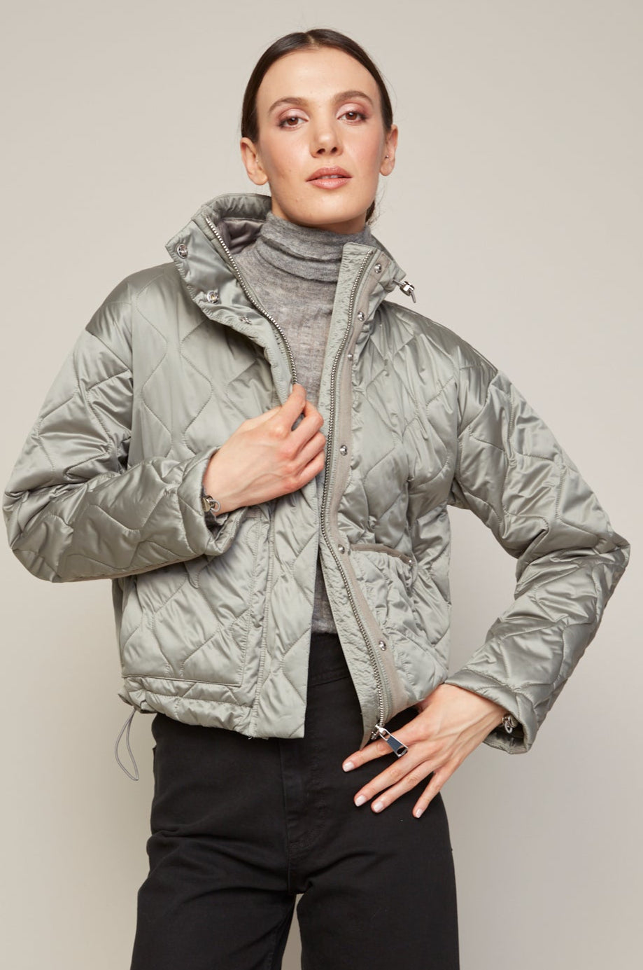 Adroit Atelier Billie Drop Shoulder Quilted Jacket With Twill Tape Detail in Agave Green available at Barbara Katz