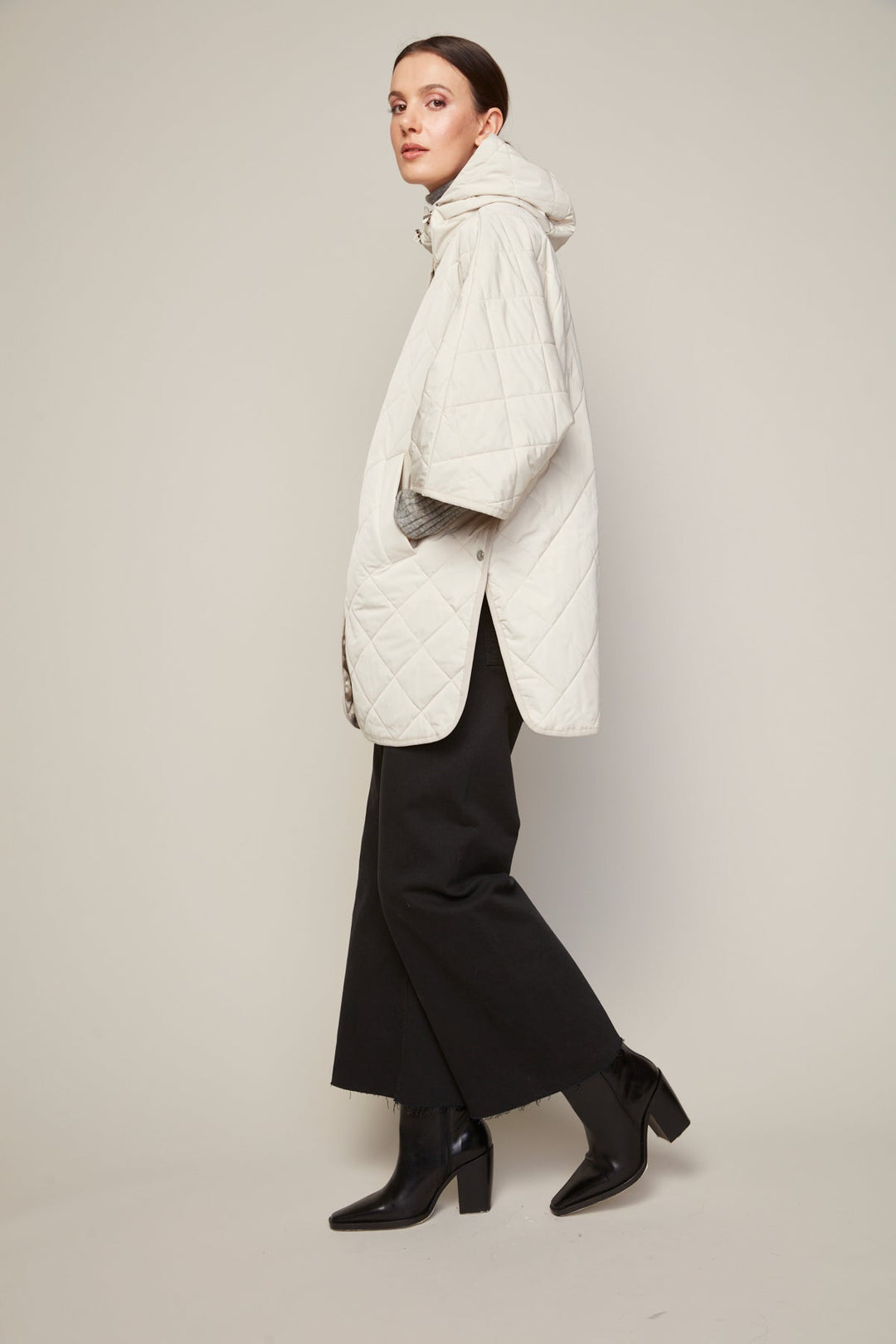 Adroit Atelier Birdie Mid Length Hooded Modern Cape in Birch available at Barbara Katz