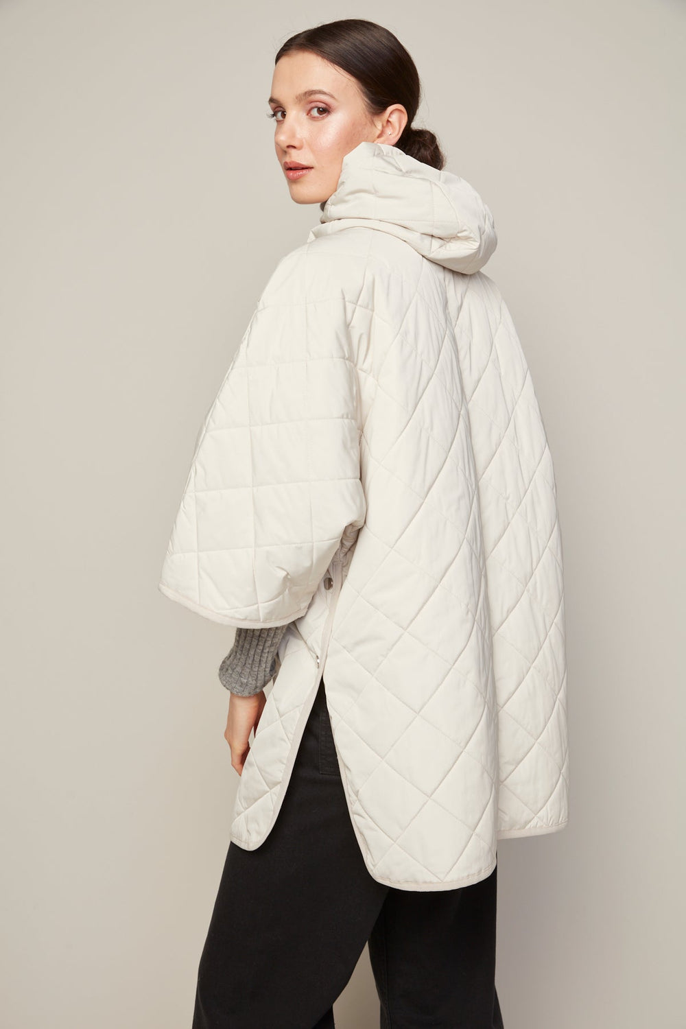 Adroit Atelier Birdie Mid Length Hooded Modern Cape in Birch available at Barbara Katz
