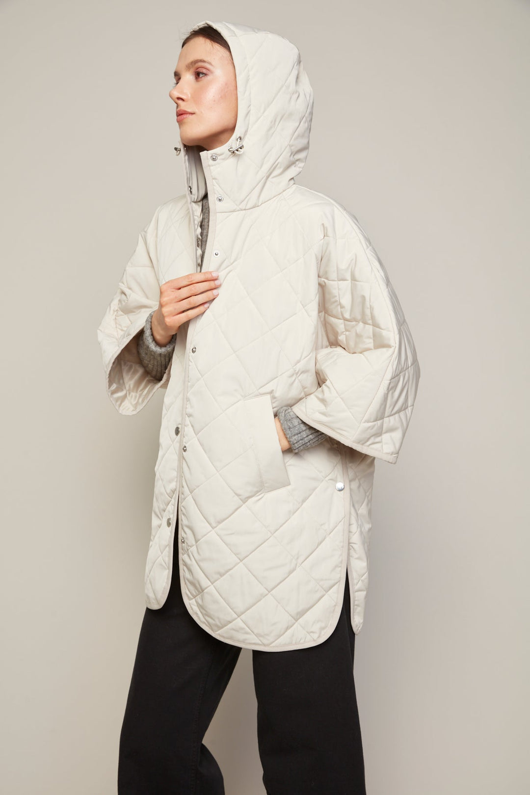 Adroit Atelier Birdie Mid Length Hooded Modern Cape in Birch available at Barbara Katz
