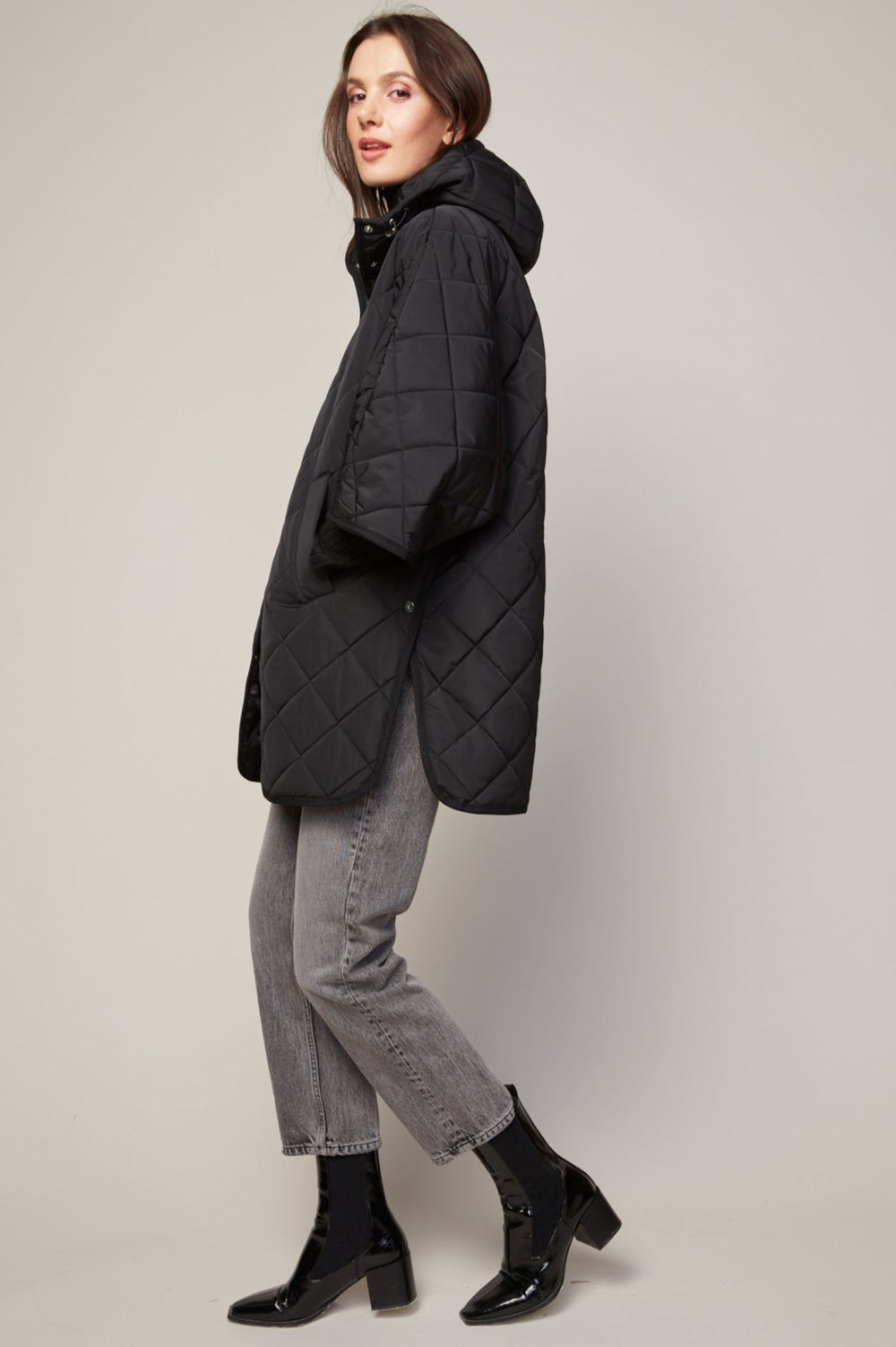 Adroit Atelier Birdie Mid Length Hooded Modern Cape in Black available at Barbara Katz