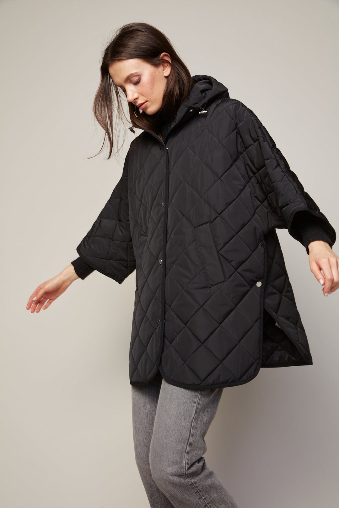 Adroit Atelier Birdie Mid Length Hooded Modern Cape in Black available at Barbara Katz