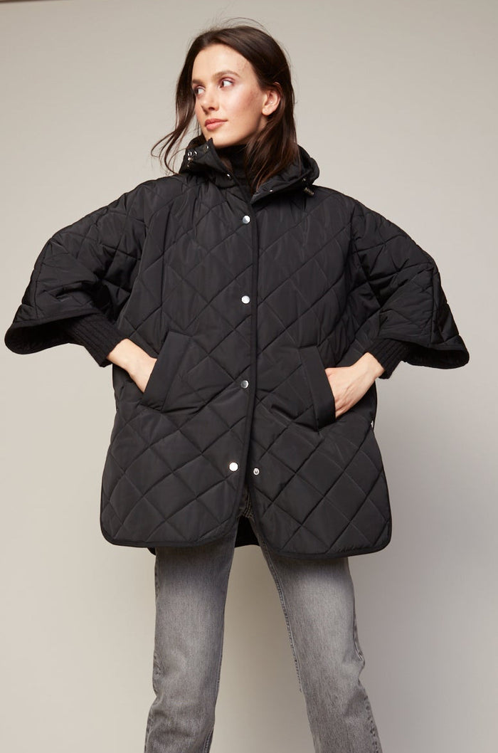 Adroit Atelier Birdie Mid Length Hooded Modern Cape in Black available at Barbara Katz