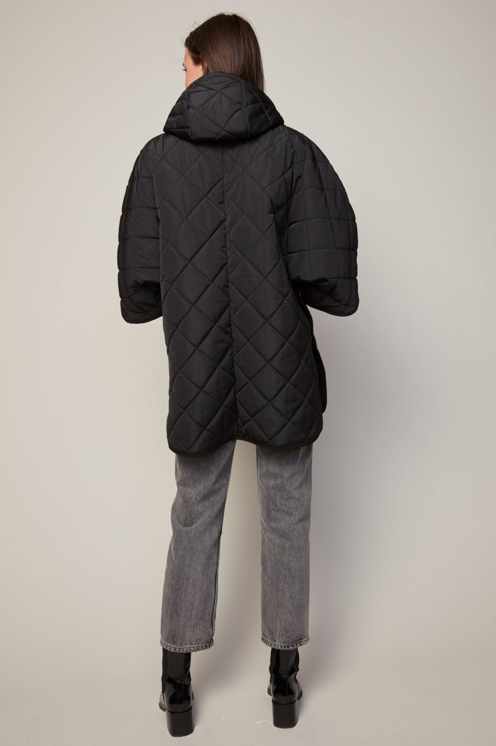 Adroit Atelier Birdie Mid Length Hooded Modern Cape in Black available at Barbara Katz