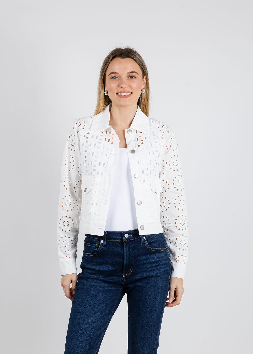 BK Aliz Embroidered Denim Jacket in White available at Barbara Katz
