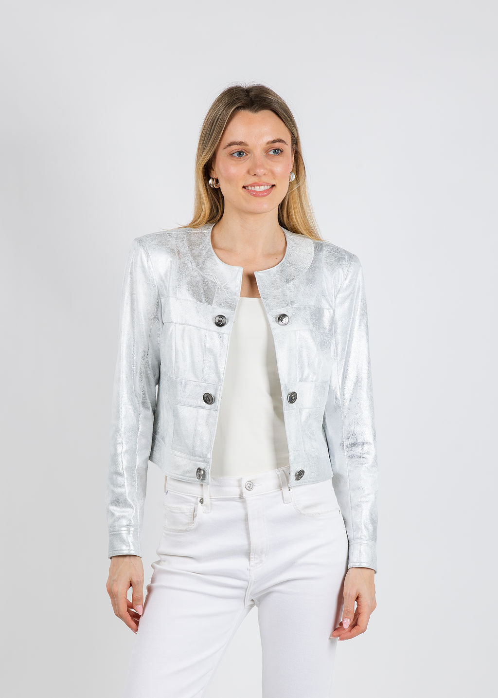BK Ally Metallic Jacket in Liquid Coconut Silver available at Barbara Katz