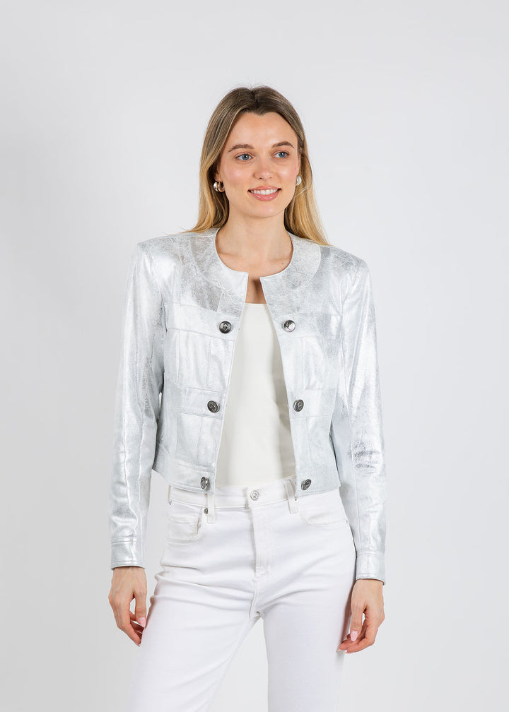 BK Ally Metallic Jacket in Liquid Coconut Silver available at Barbara Katz
