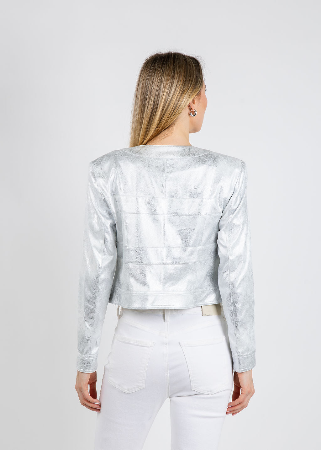 BK Ally Metallic Jacket in Liquid Coconut Silver available at Barbara Katz