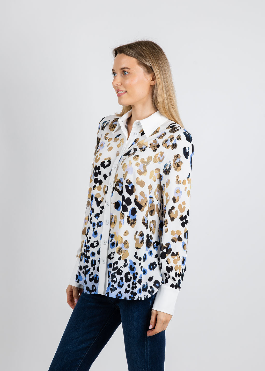 BK Animal Print Shirt in Leo/Denim available at Barbara Katz