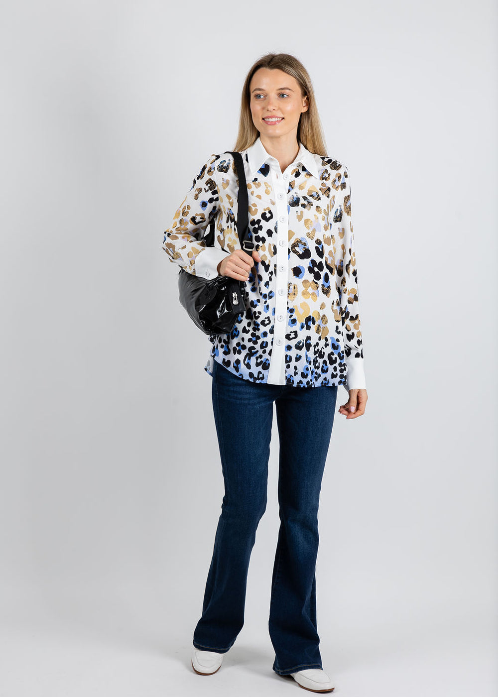 BK Animal Print Shirt in Leo/Denim available at Barbara Katz