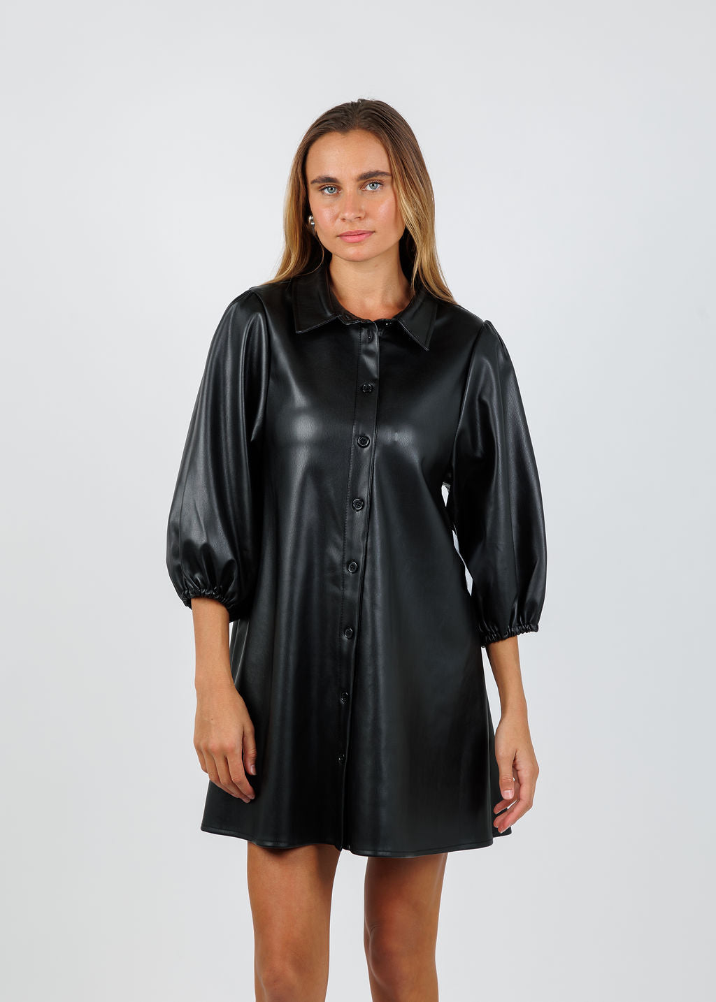 BK Anya Vegan Leather Shirt Dress in Black available at Barbara Katz