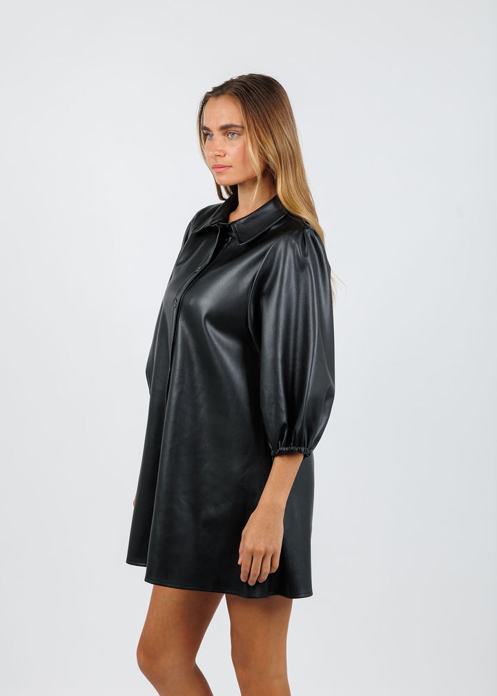 BK Anya Vegan Leather Shirt Dress in Black available at Barbara Katz
