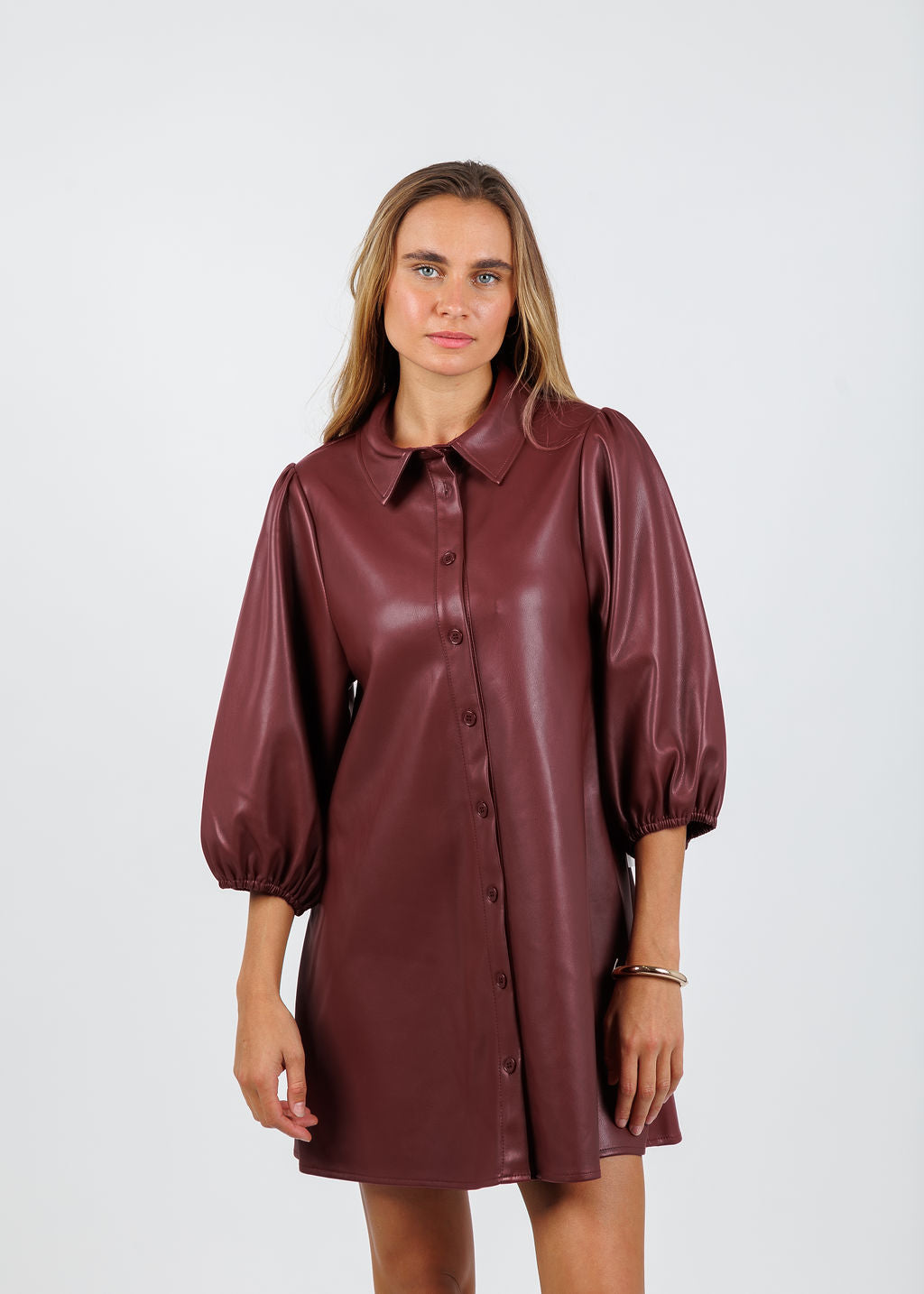BK Anya Vegan Leather Shirt Dress in Burgundy available at Barbara Katz