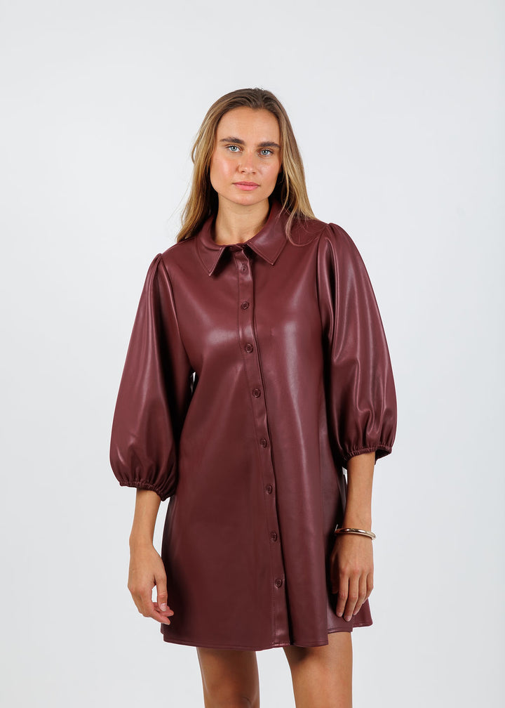 BK Anya Vegan Leather Shirt Dress in Burgundy available at Barbara Katz