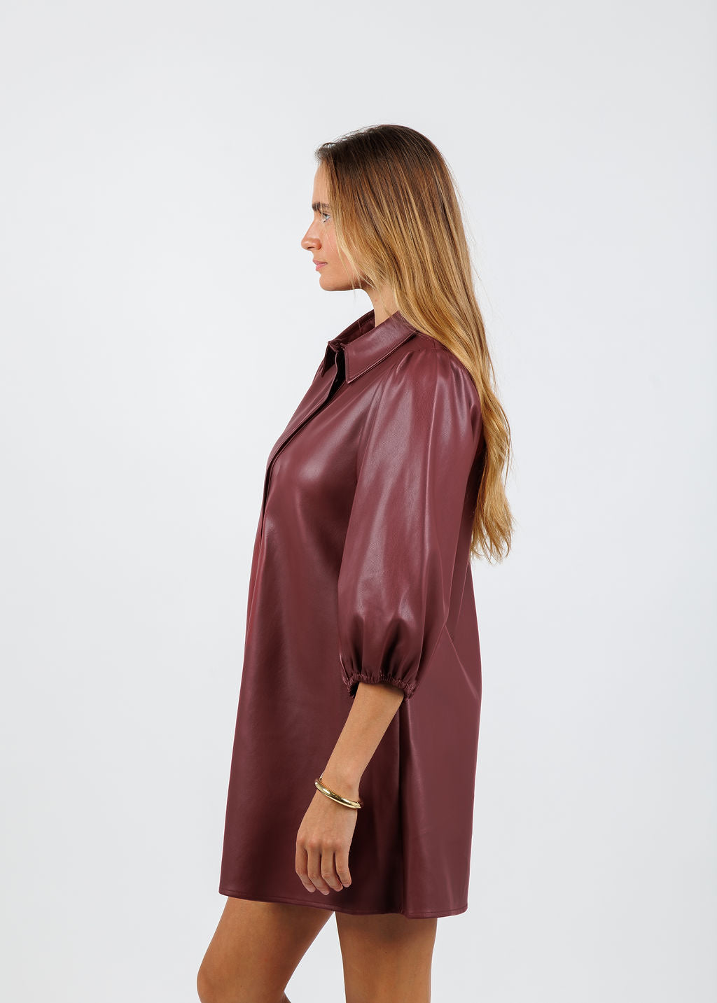 BK Anya Vegan Leather Shirt Dress in Burgundy available at Barbara Katz