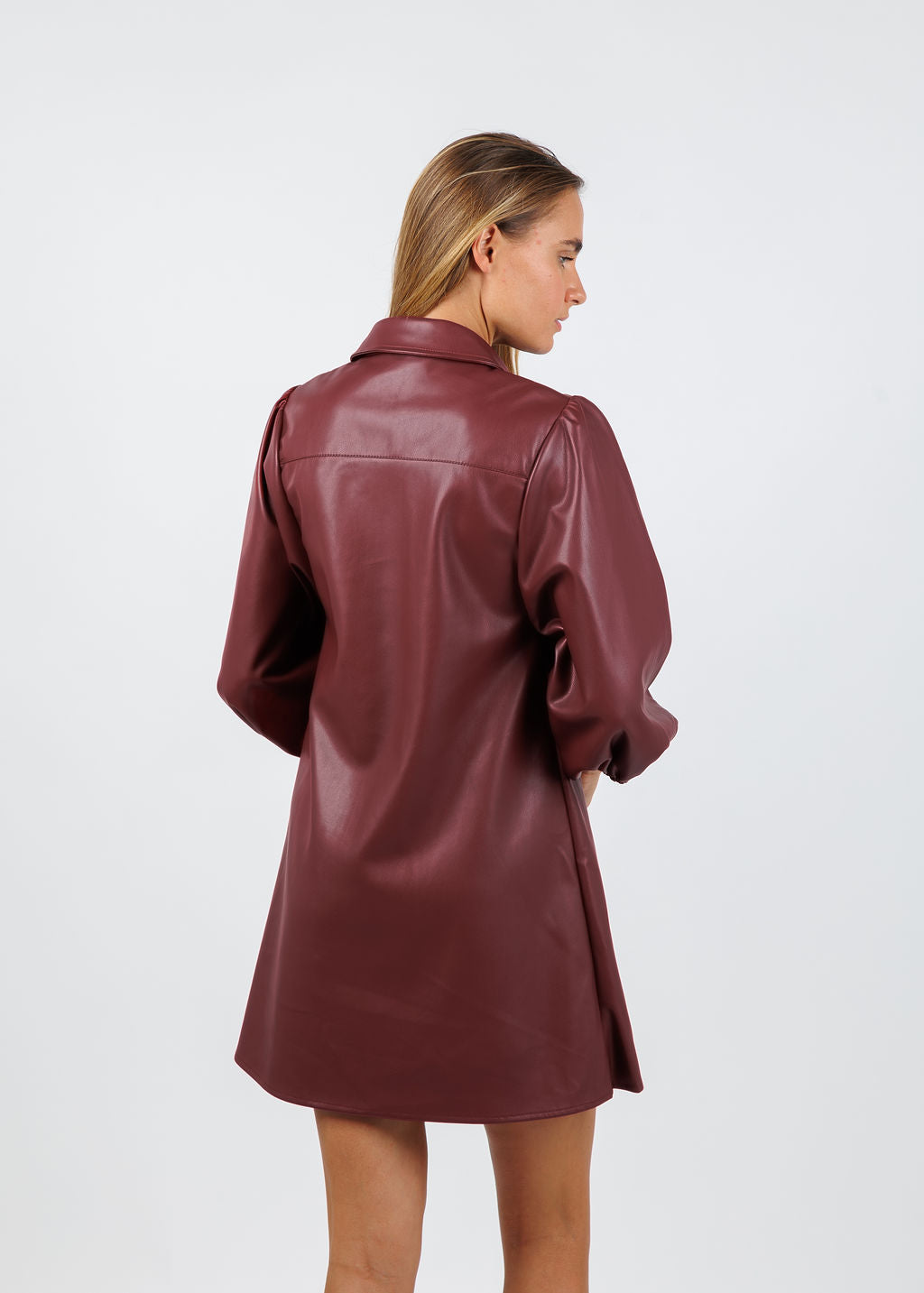 BK Anya Vegan Leather Shirt Dress in Burgundy available at Barbara Katz