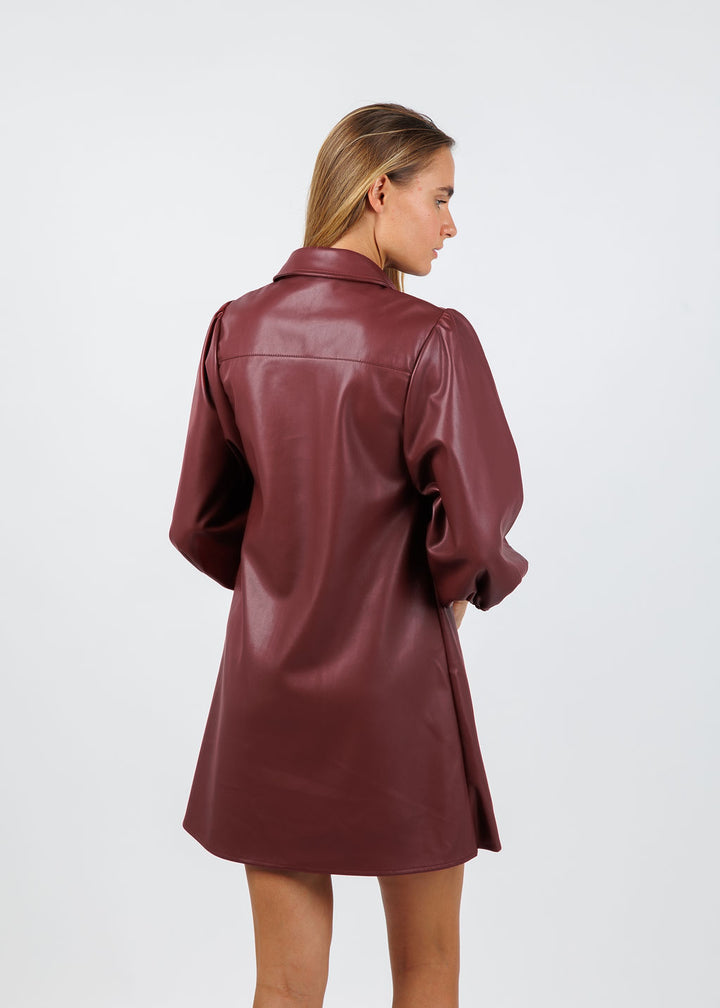 BK Anya Vegan Leather Shirt Dress in Burgundy available at Barbara Katz