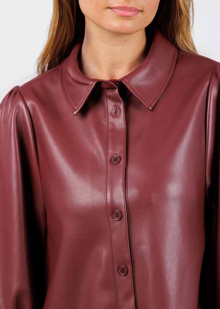 BK Anya Vegan Leather Shirt Dress in Burgundy available at Barbara Katz