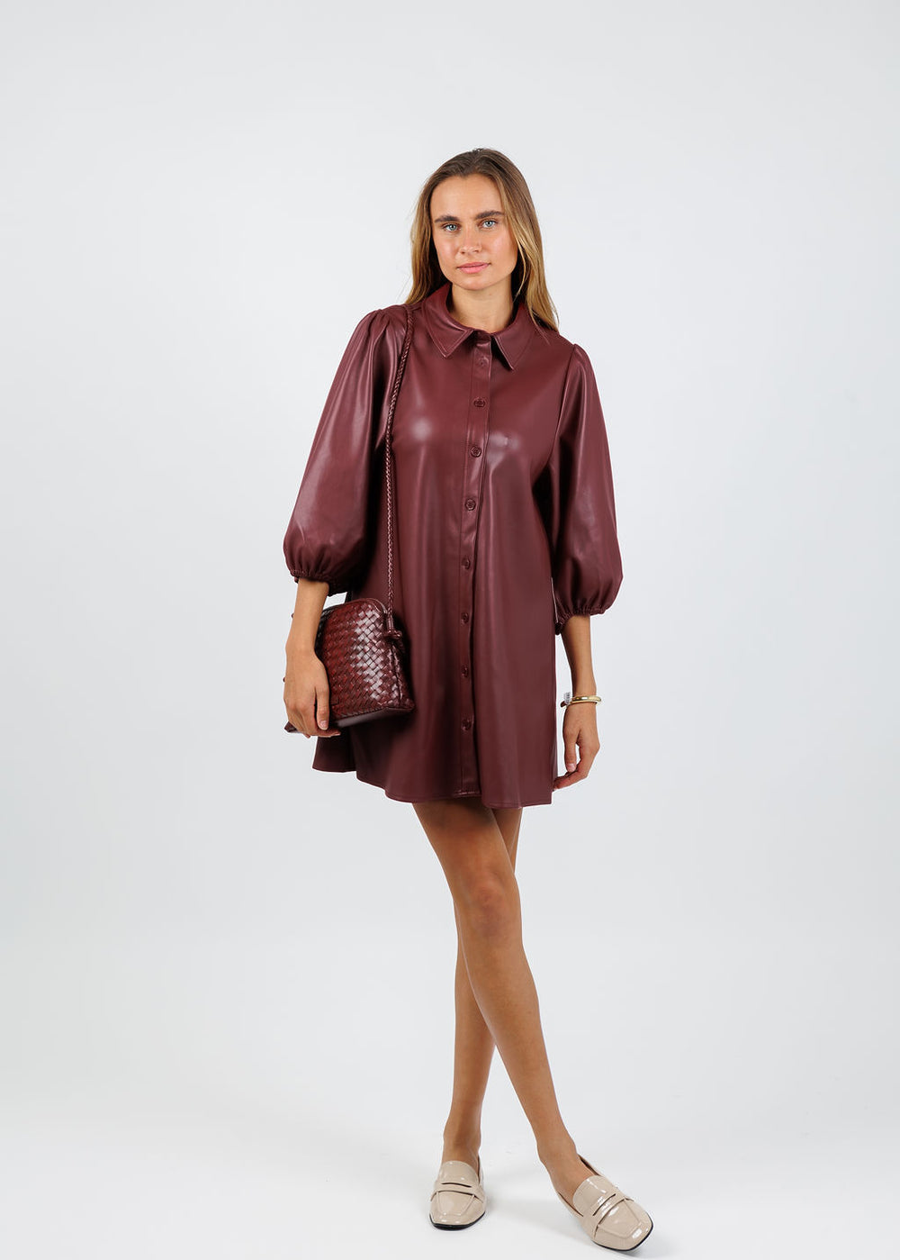 BK Anya Vegan Leather Shirt Dress in Burgundy available at Barbara Katz