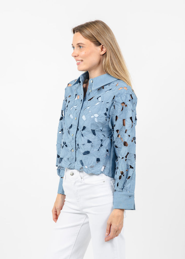 BK Araya Cut-out Floral Blouse in Denim available at Barbara Katz
