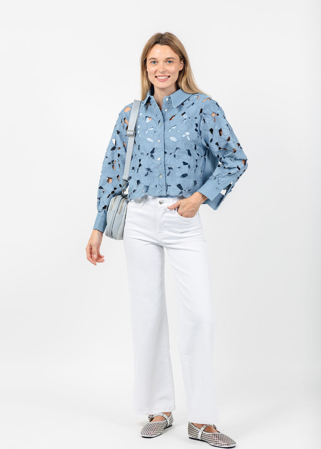 BK Araya Cut-out Floral Blouse in Denim available at Barbara Katz