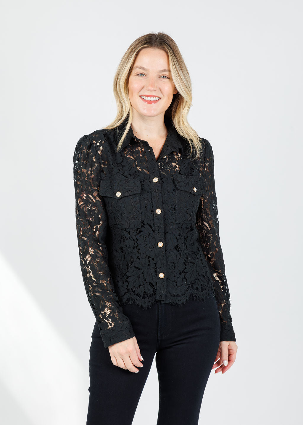 BK Arline Lace Pearl Button Down Blouse in Black available at Barbara Katz