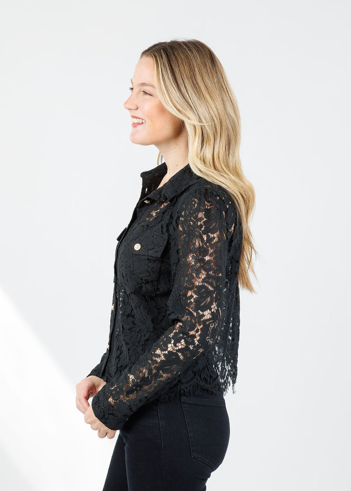 BK Arline Lace Pearl Button Down Blouse in Black available at Barbara Katz