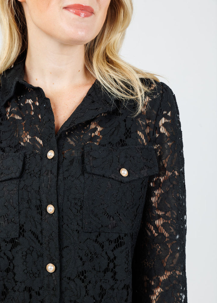 BK Arline Lace Pearl Button Down Blouse in Black available at Barbara Katz