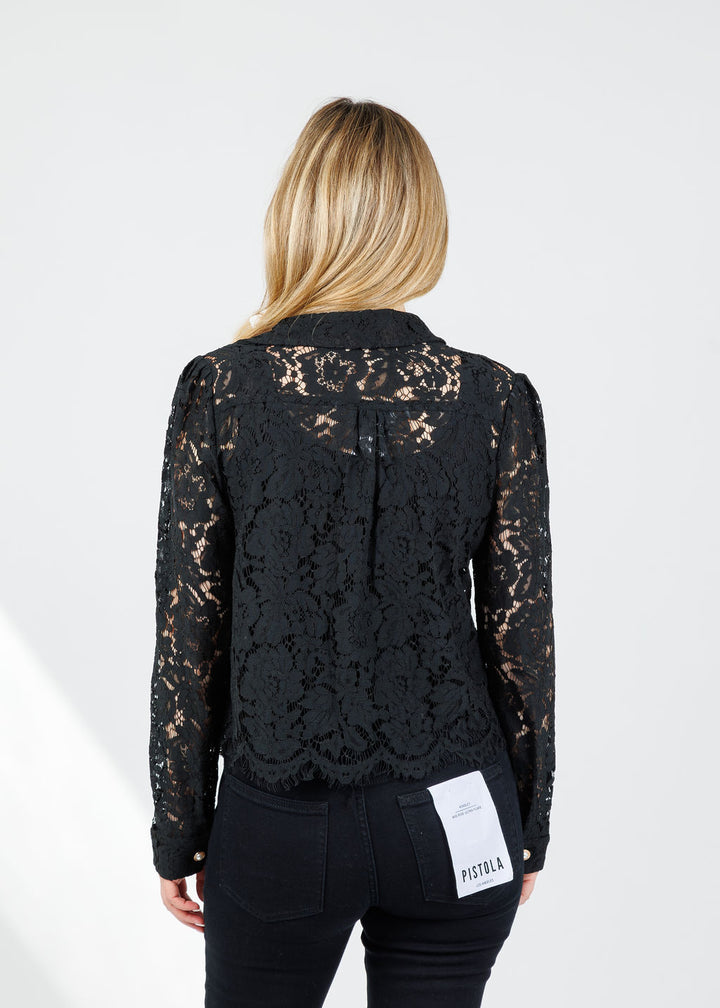 BK Arline Lace Pearl Button Down Blouse in Black available at Barbara Katz