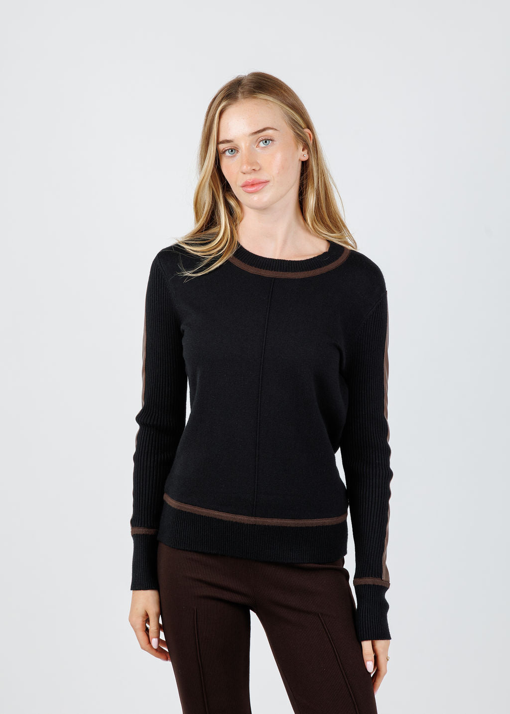 BK Atlas Vegan Leather Accent Crew Top in Black available at Barbara Katz