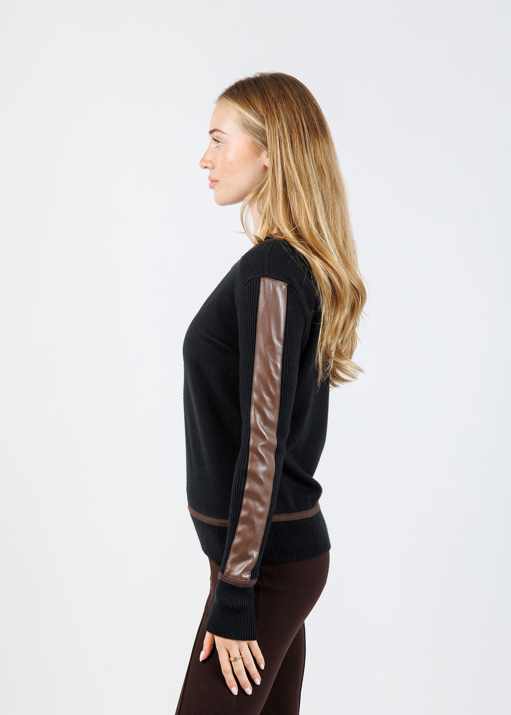 BK Atlas Vegan Leather Accent Crew Top in Black available at Barbara Katz