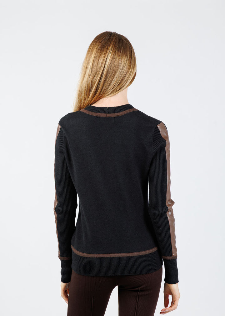BK Atlas Vegan Leather Accent Crew Top in Black available at Barbara Katz