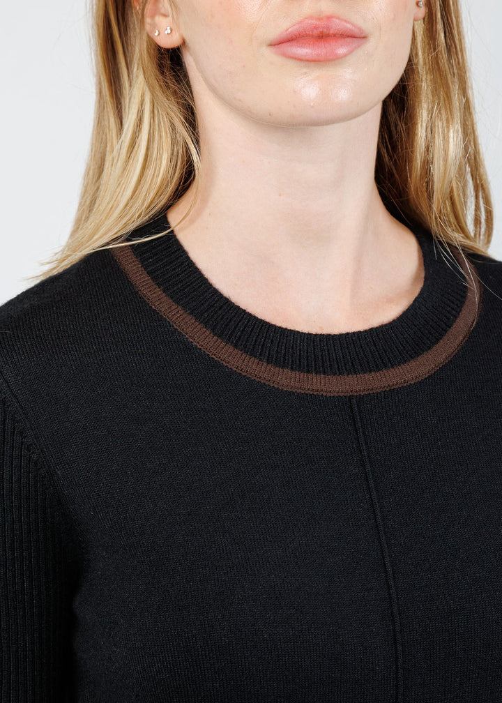 BK Atlas Vegan Leather Accent Crew Top in Black available at Barbara Katz