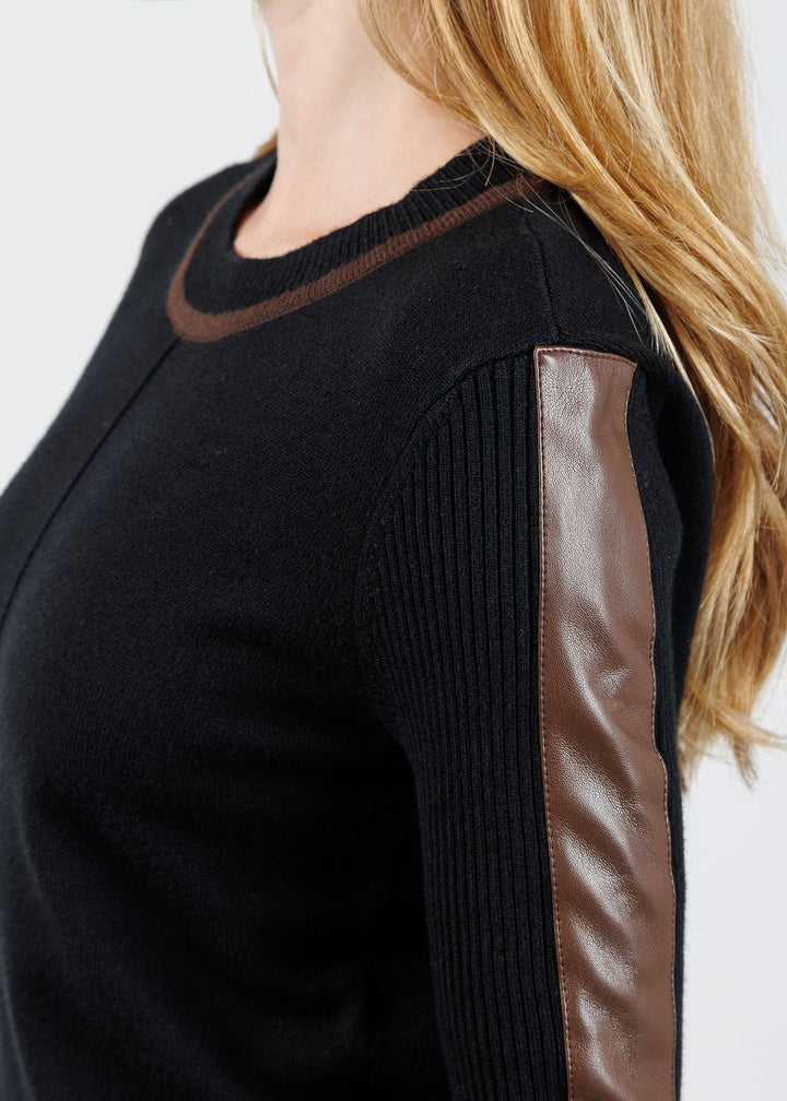 BK Atlas Vegan Leather Accent Crew Top in Black available at Barbara Katz