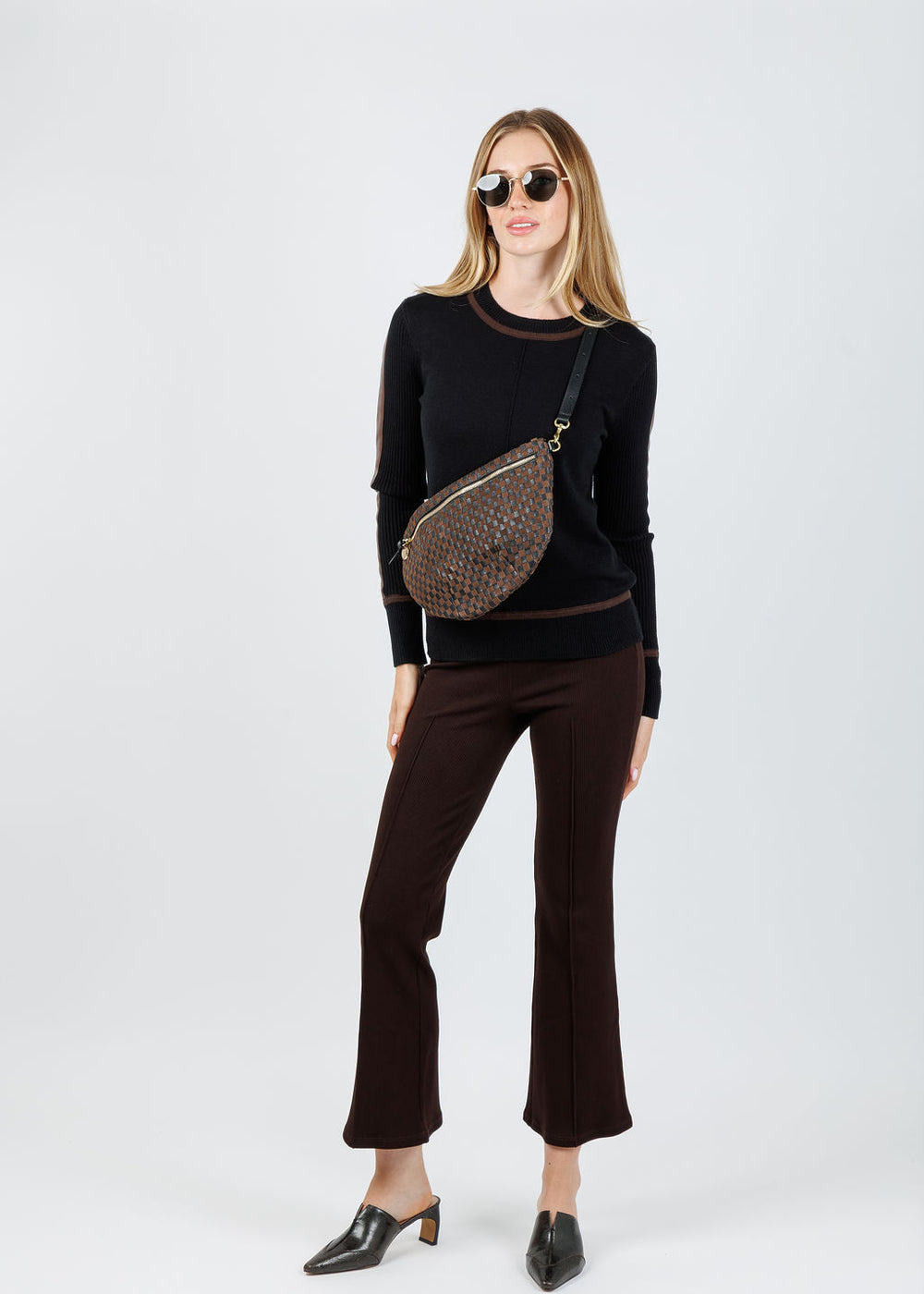 BK Atlas Vegan Leather Accent Crew Top in Black available at Barbara Katz