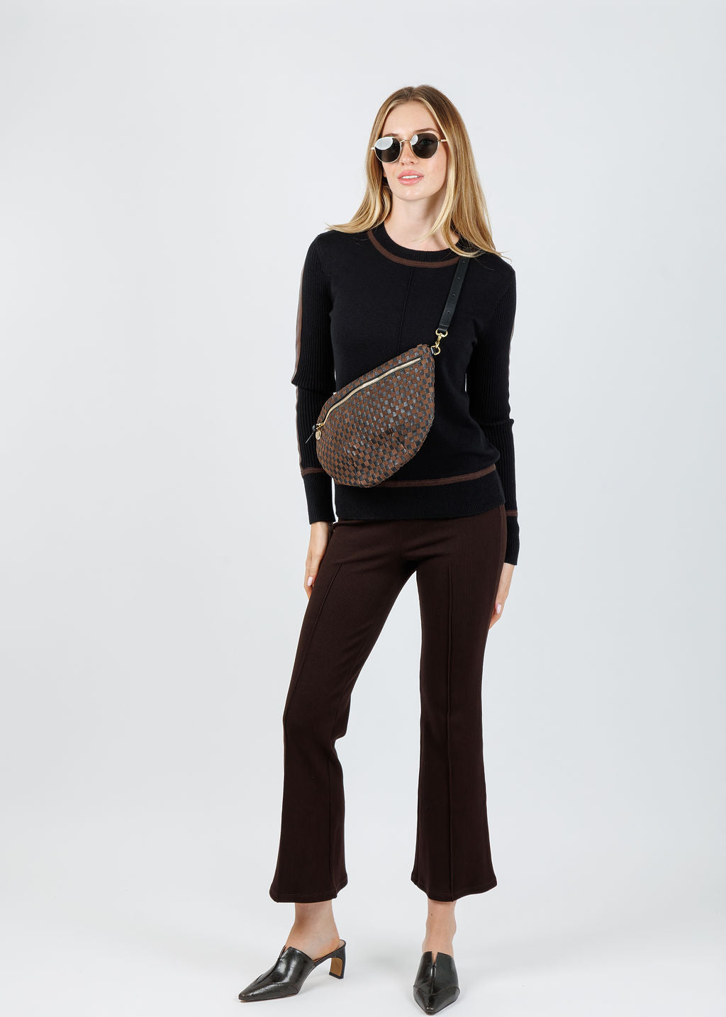BK Atlas Vegan Leather Accent Crew Top in Black available at Barbara Katz
