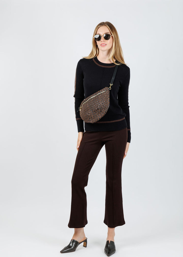BK Atlas Vegan Leather Accent Crew Top in Black available at Barbara Katz