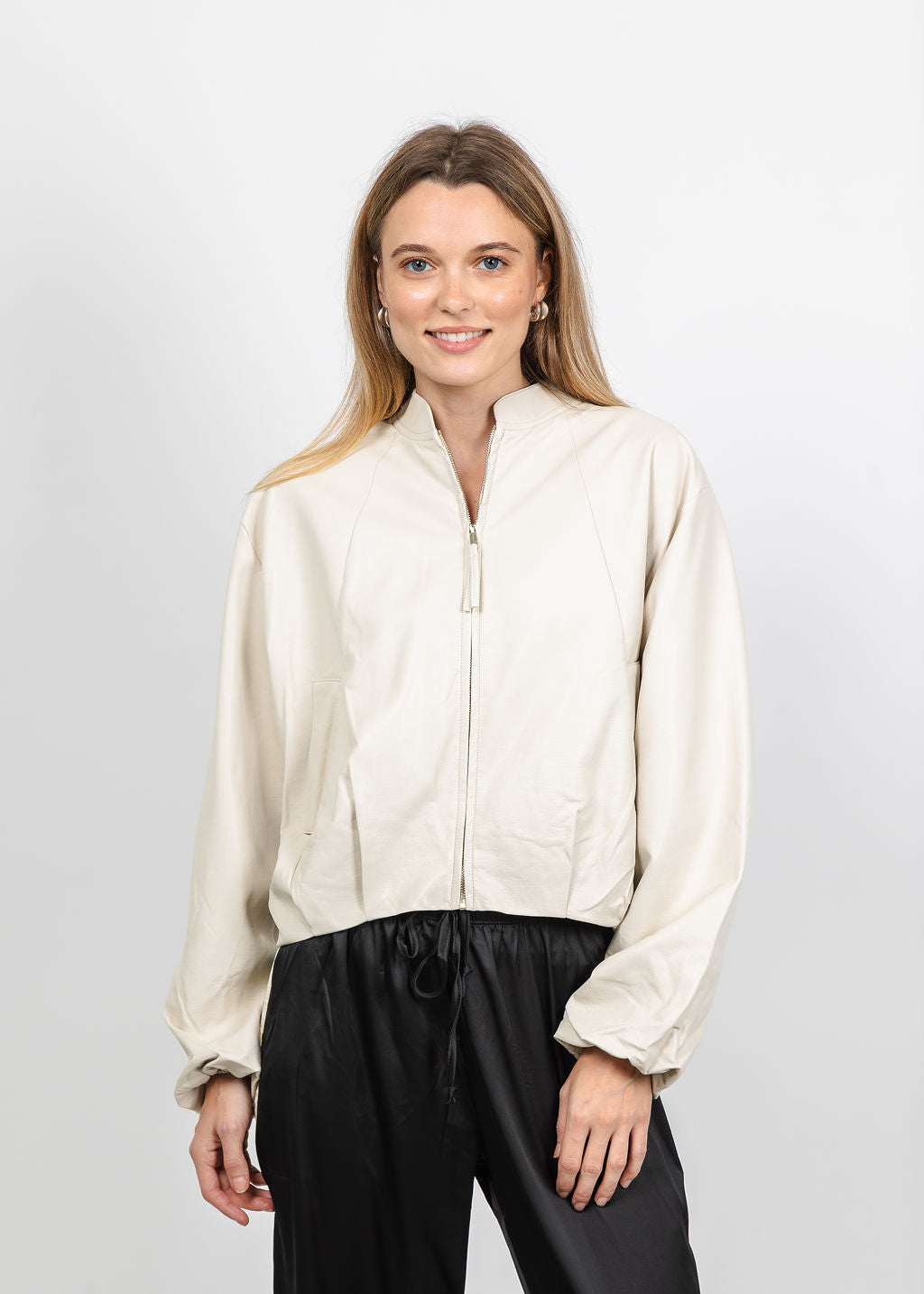 BK Boja Vegan Leather Blouson Jacket in Birch available at Barbara Katz