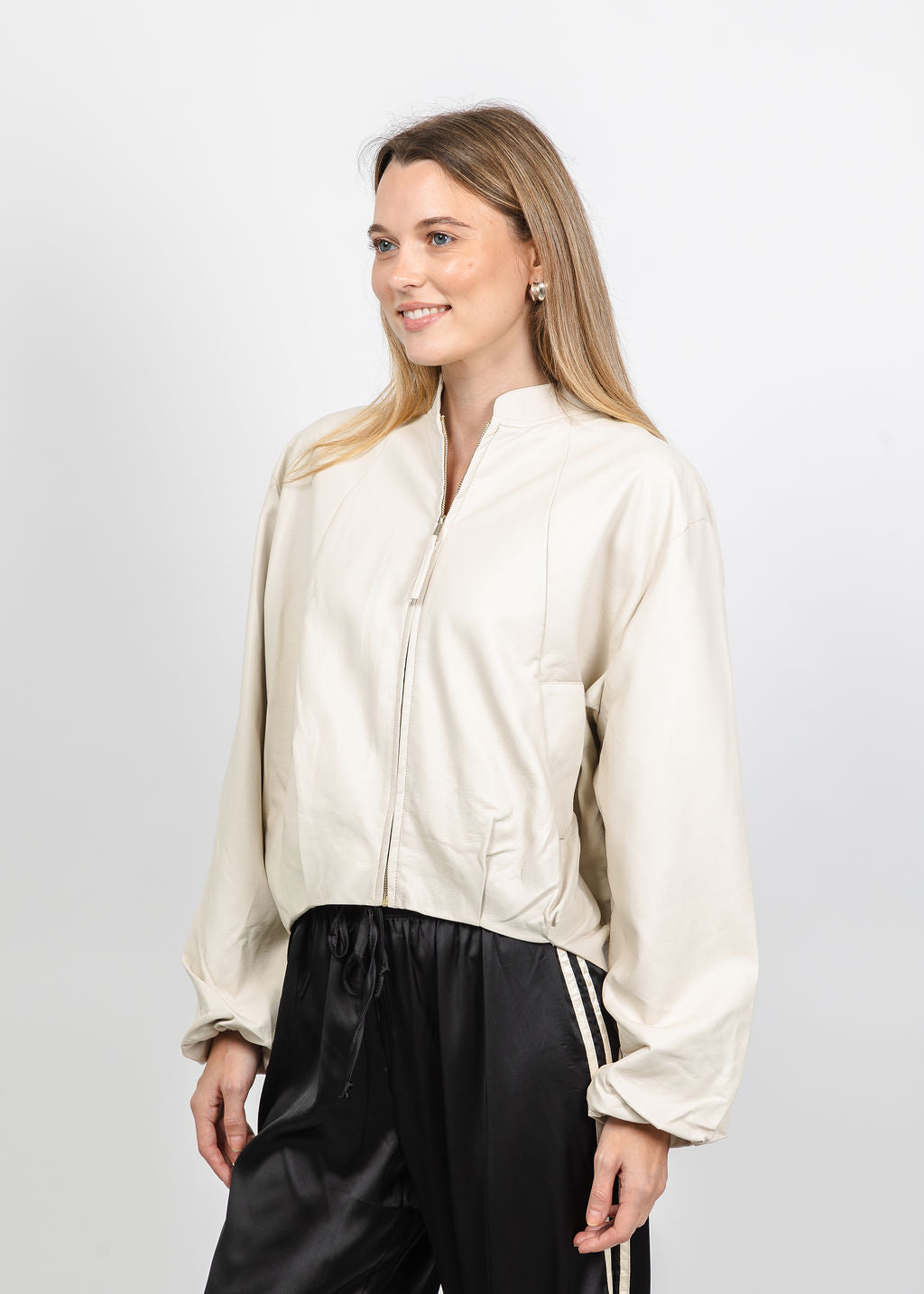 BK Boja Vegan Leather Blouson Jacket in Birch available at Barbara Katz