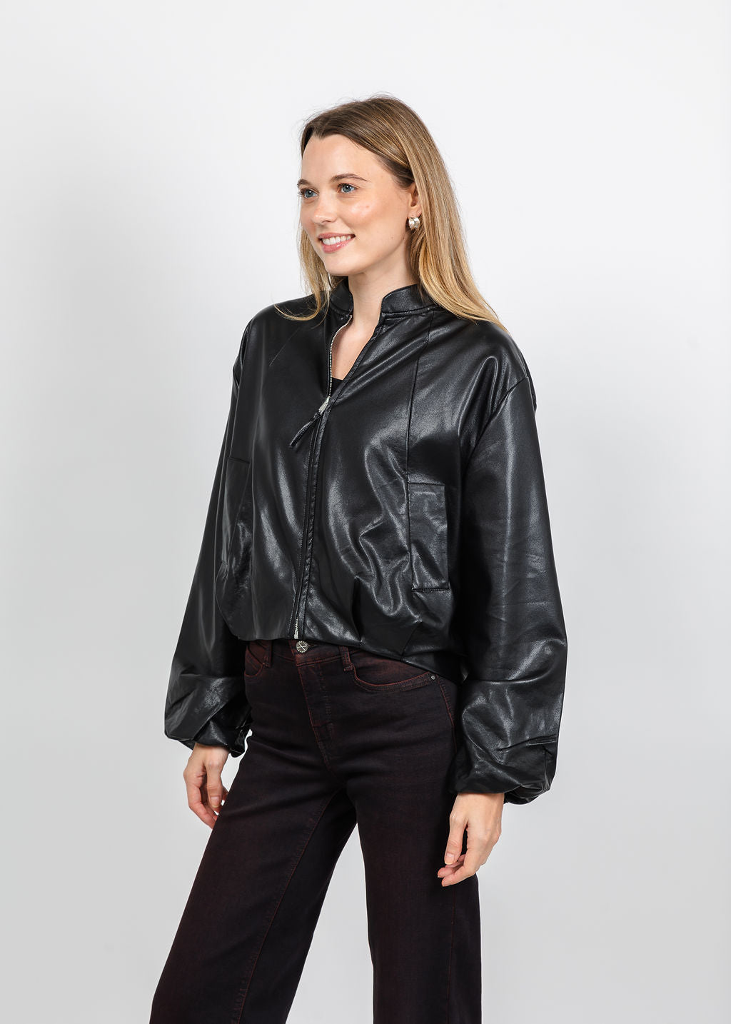 BK Boja Vegan Leather Blouson Jacket in Black available at Barbara Katz