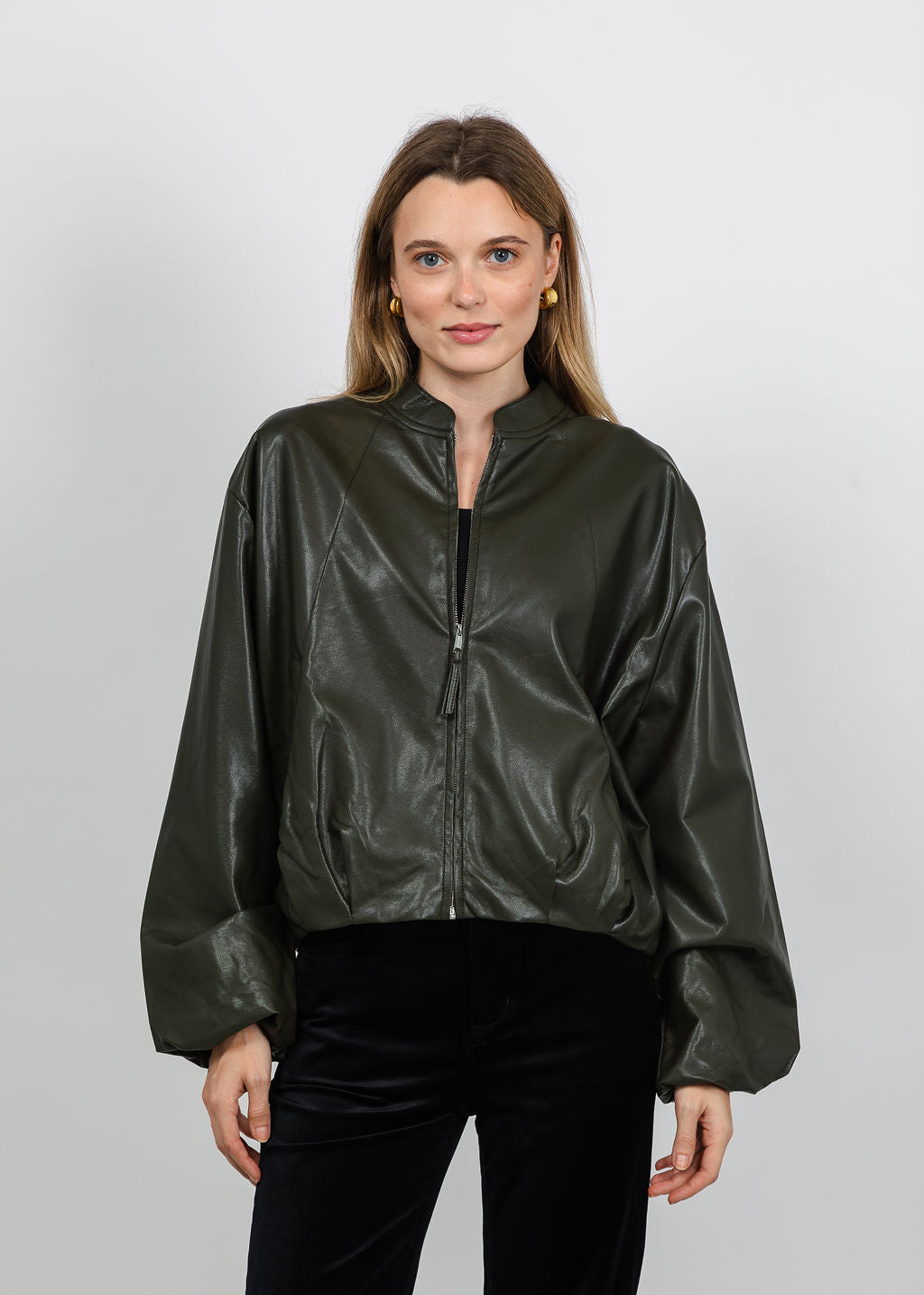 BK Boja Vegan Leather Blouson Jacket in Hunter Green available at Barbara Katz