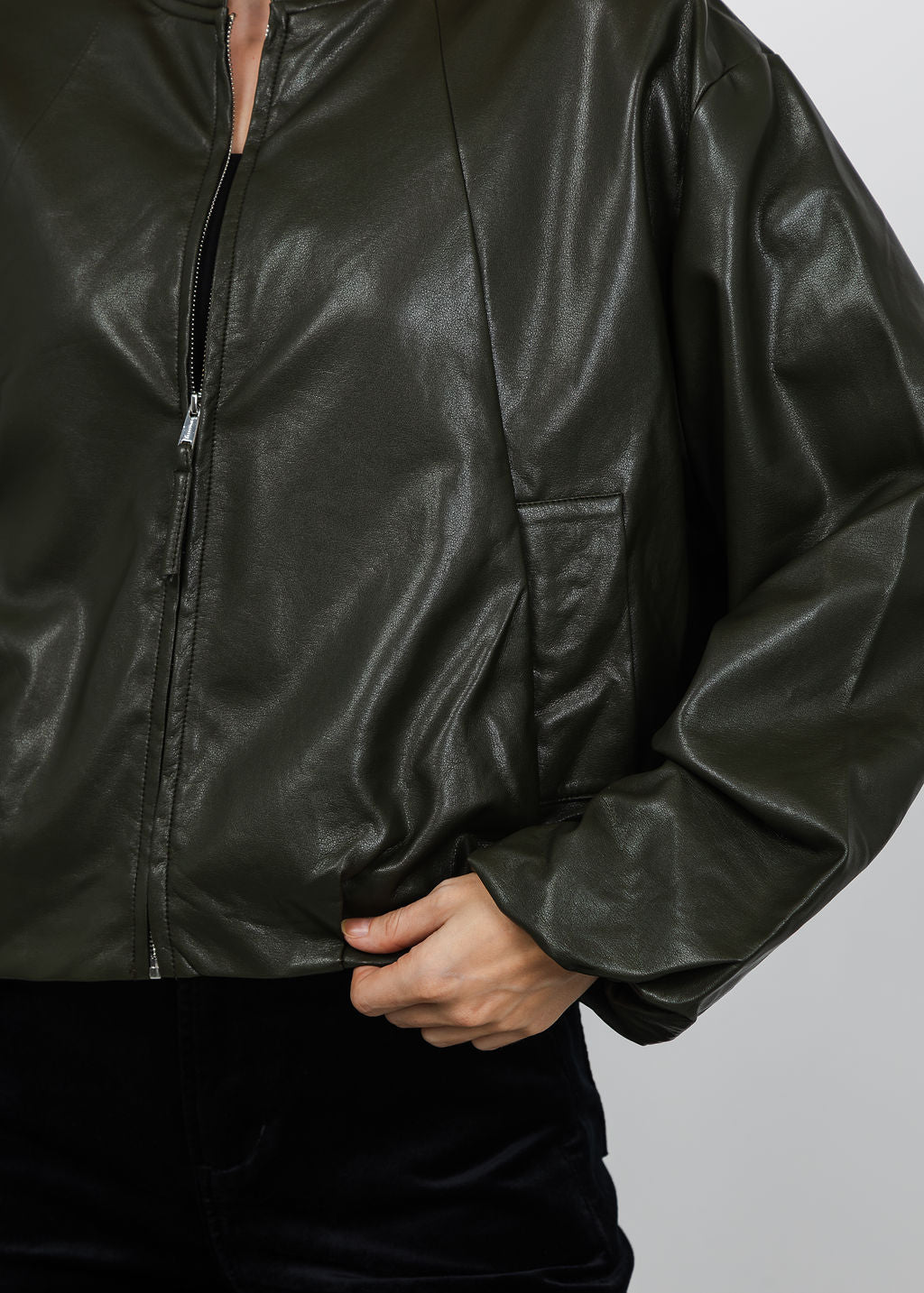 BK Boja Vegan Leather Blouson Jacket in Hunter Green available at Barbara Katz